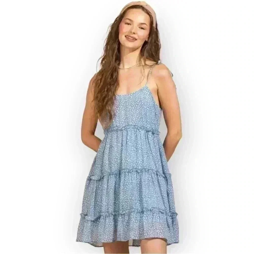 2BELLA Blue Tiered Strappy Summer Mini Dress
